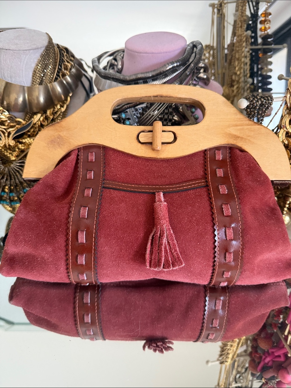 Vintage Rust Suede Wooden-Handle Clutch